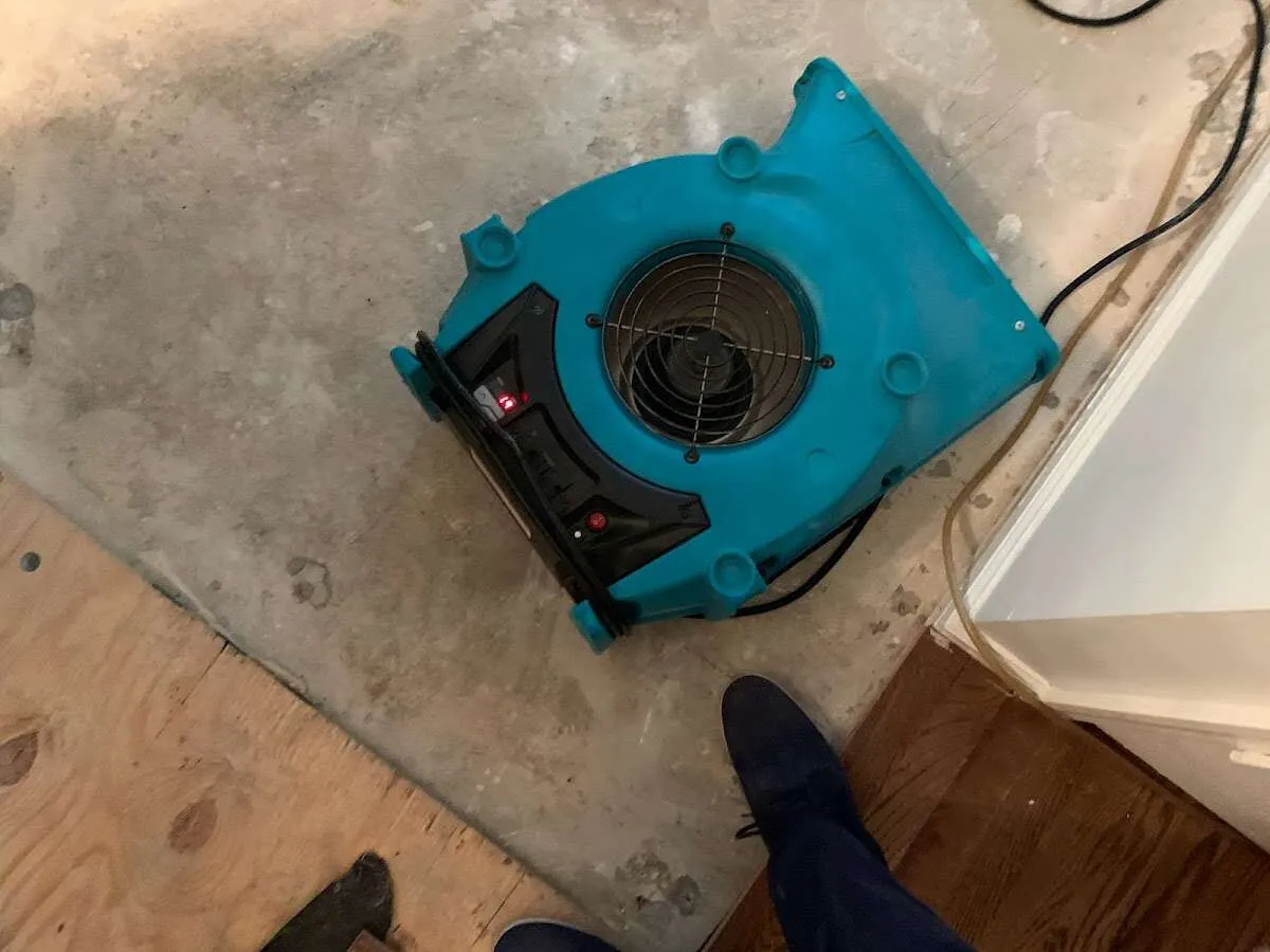Air mover drying subfloor during Commercial Water Damage Restoration in Jarrell